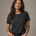 Fictional adult in a dark T-shirt before changing to a cream blazer