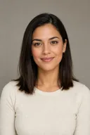 Fictional adult portrait with straight shoulder-length hair before a loose curl preview