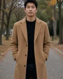 Fictional adult wearing a camel coat after a controlled outerwear edit