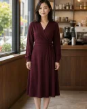 Fictional adult wearing a burgundy wrap dress after a full outfit replacement