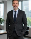 Fictional mature adult wearing a charcoal suit after a clothes replacement