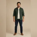 Fictional adult identity sample before a raised-arm pose transfer