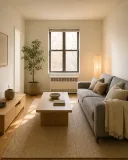 Living room reimagined with warm uncluttered Japandi styling