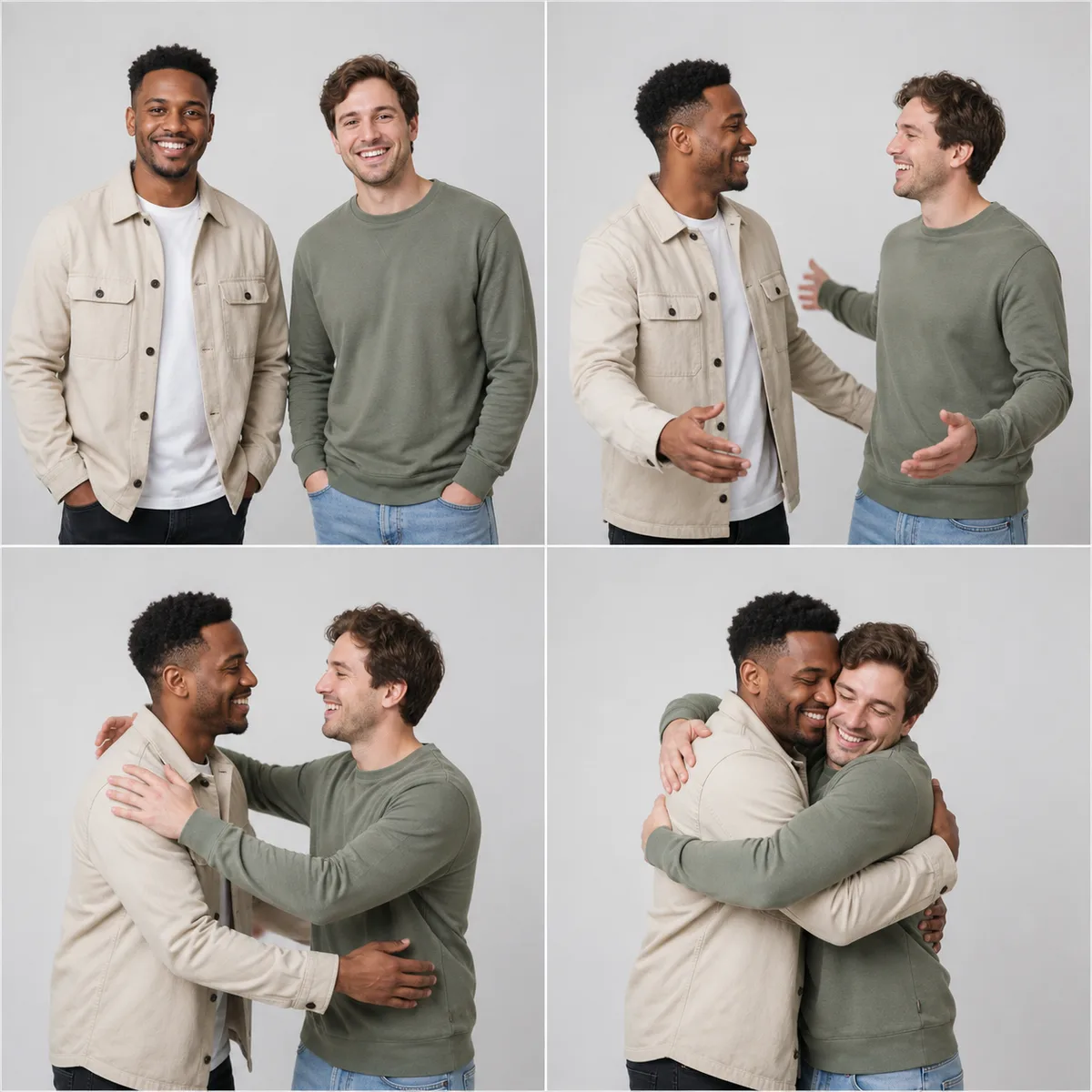 Storyboard of two fictional adults moving into a friendly hug