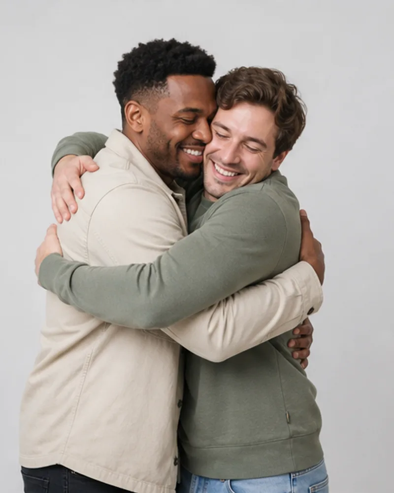 Storyboard preview of two fictional adult friends sharing a warm, family-safe hug.