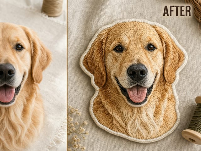 AI embroidery generator before and after stitched pet patch example