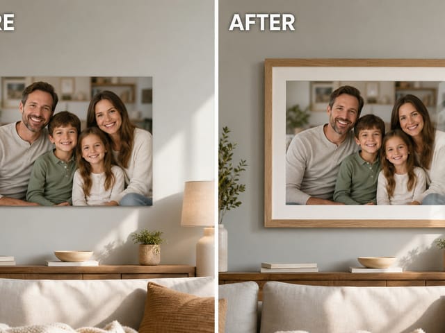 AI photo frame editor before and after framed family photo example