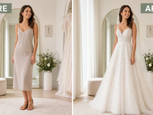 AI wedding dress generator before and after bridal outfit example