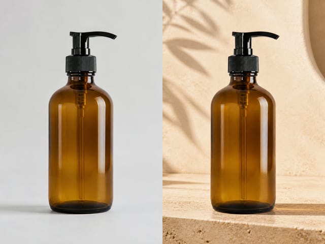 Amber pump bottle before and after using the AI product background generator
