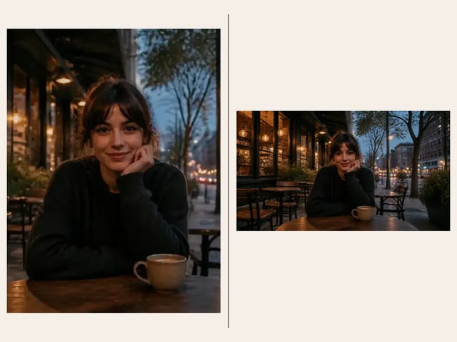 Cropped cafe portrait and wide AI image extension shown side by side