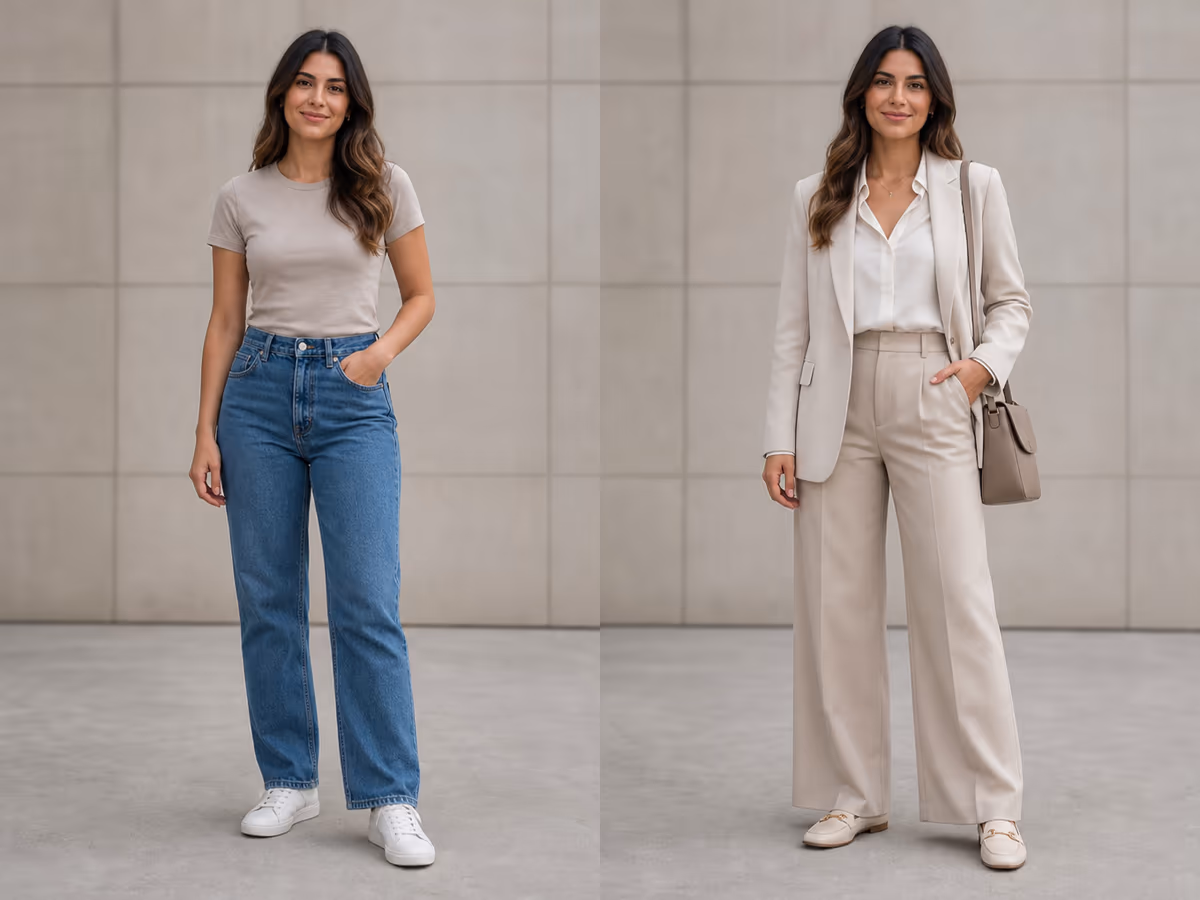 Casual source photo and coordinated conference outfit created with the AI outfit generator