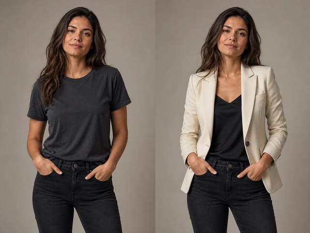 AI clothes changer before and after cream blazer replacement