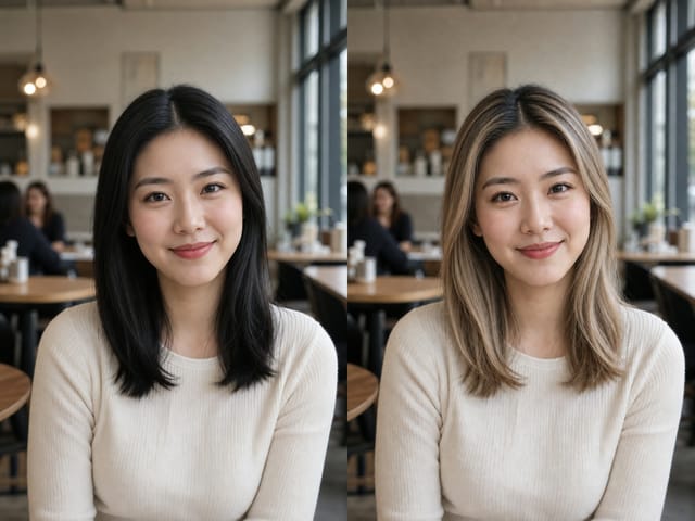 AI blonde hair filter honey beige before and after example