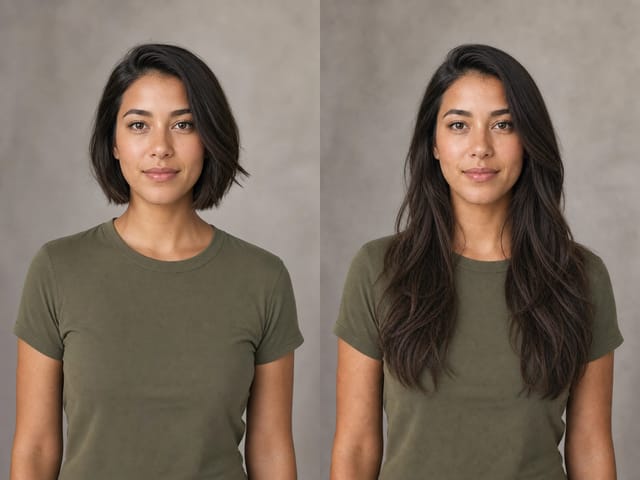 Short bob before and natural long waves after using the AI long hair filter