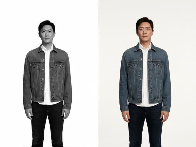Black-and-white portrait before and after AI photo colorization