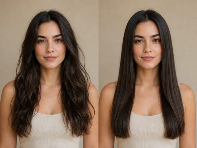 AI straight hair filter before and after center-part hairstyle example