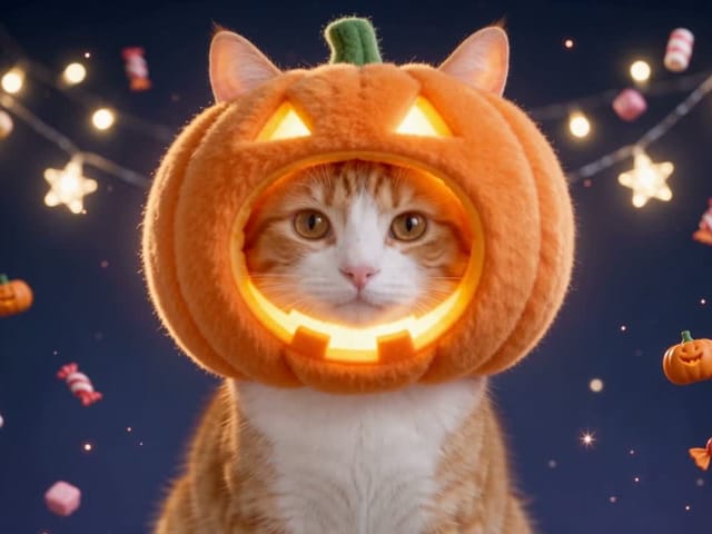 Cat wearing a plush Halloween pumpkin hat