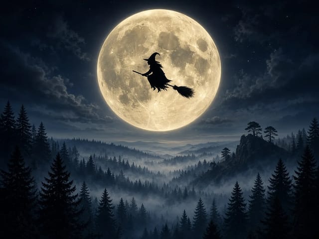 Silhouette of a witch riding a broomstick across a full moon over a misty forest