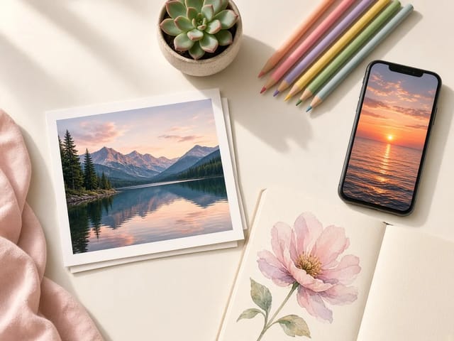Creative desk with a printed lake photo, a phone showing a sunset and a watercolour flower sketch
