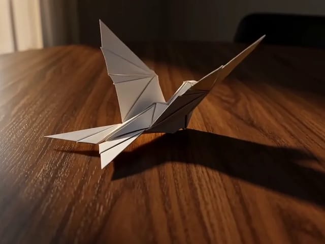 Folded paper bird on a sunlit wooden table