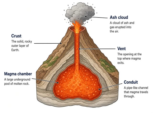 Labeled cross-section of a volcano with five named layers