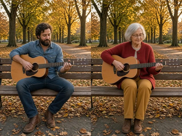 Two stills side by side: a bearded man playing guitar on a park bench in autumn on the left, and an elderly woman in a red cardigan in the same pose on the same bench on the right