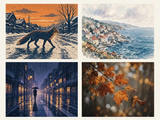 Krea 2 style grid: screen-printed fox, watercolour seaside town, anime rainy street and film-grain autumn leaves
