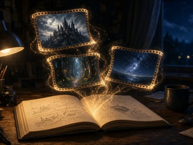 Open notebook on a desk at night with glowing film frames of a castle, a forest and a starry sky rising from the page