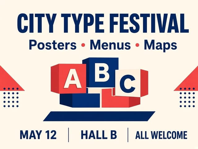 Text-and-layout poster reference image: "City Type Festival" headline, "Posters · Menus · Maps" subheading and three labeled info columns