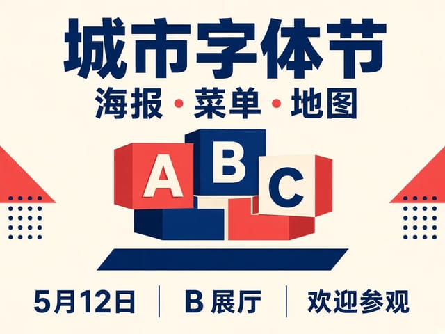 文字排版海报参考图：“城市字体节”大标题、“海报 · 菜单 · 地图”副标题和三栏信息