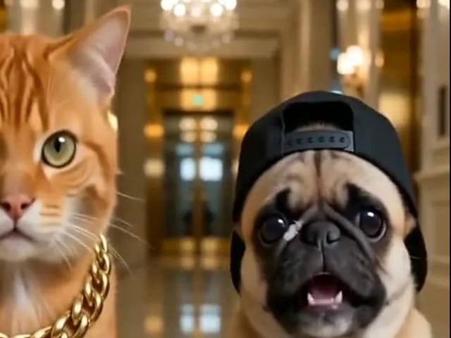 Orange tabby cat and pug rapping in a grand lobby for a pet rap video cover