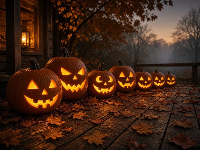 Row of glowing carved jack-o'-lanterns on a leaf-covered wooden porch at dusk