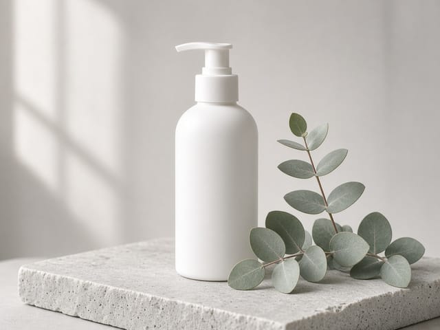 A matte white pump bottle on a pale stone block beside eucalyptus leaves, soft window light