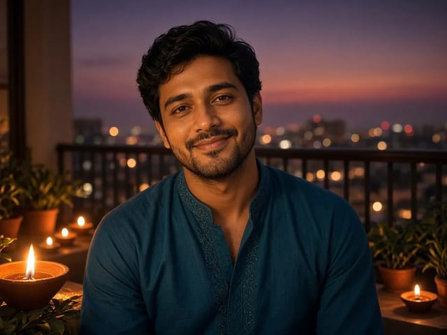Vikas editor style Diwali balcony portrait in a teal kurta with glowing diya lamps