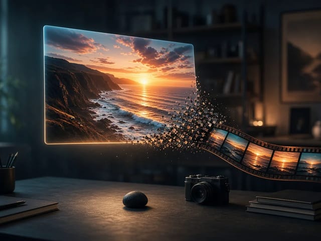 A glowing photo of a sunset coastline floating over a desk, dissolving into a film strip of moving frames